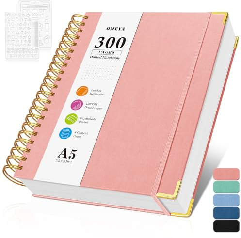 Bullet Dotted Journal Spiral Notebook, 300 Pages Leather Notebooks with Contens, 120 GSM Thick No Bleed Through Paper Journals, A5 Dot Grid Notebook for Women Men School Work Writing, 5.5 x 8, Pink