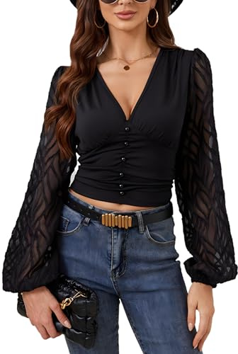 SUIUOI Långärmad damtröja – elegant nättopp med spets, blusar V-hals, ballongärmar, curvy blusbody, chiffong-tröja, svart, XL
