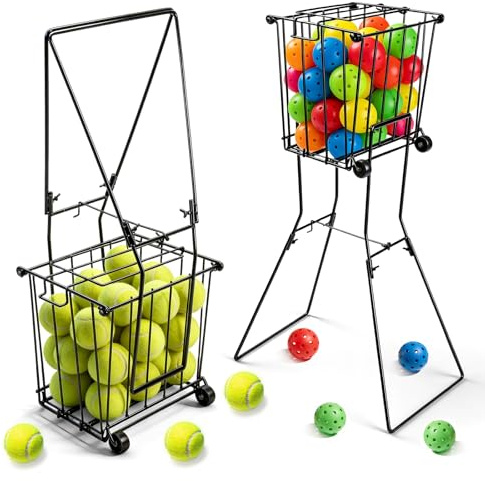 Portable Pickleball Tennis Ball Collector with Wheel, 90 Tennis Balls Capacity, Pickleball Retriever Basket Carrier Gatherer Picker Hopper Container for Picking and Storage Training Tool for Ball