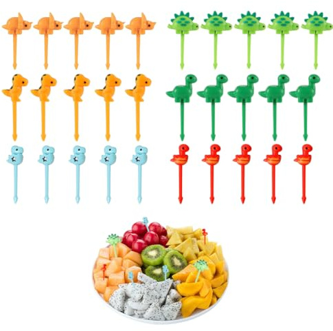 KEQAR 30 Piezas Tenedores de Fruta para Niños, Pinchos para Snacks Infantiles, Mini Palillos 3D de Dinosaurios, Decoración para Bento y Loncheras