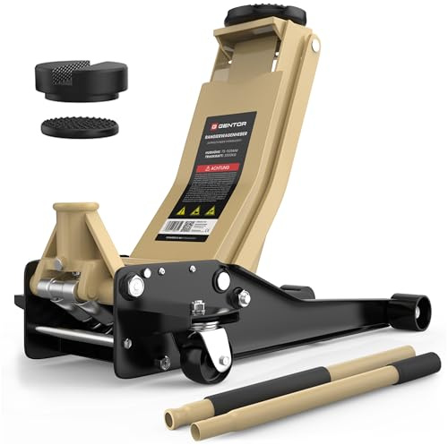GENTOR domkraft hydraulisk 3T – platt 75–505 mm lyfthöjd, med 2 x gummistöd, professionell domkraft för bil, personbil, SUV och verkstad (beige)
