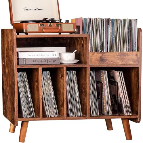 UODERS Record Player Stand, Large Record Player Table Cabinet with Open Vinyl Storage and Display Shelf Holds up to 350 Albums, Mid Century Wood Turntable for Living Room, Bedroom, (Brown)