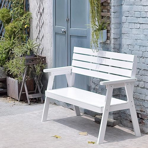 Banco de madera para exteriores con reposabrazos, estructura estable triangular, esquinas redondeadas, asiento de jardín para patio trasero y balcón, 120 cm, color azul