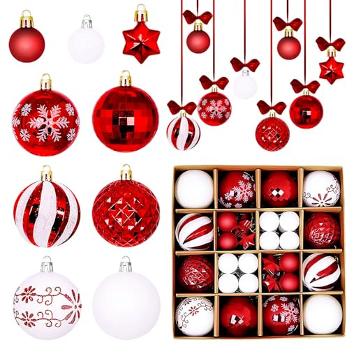 Meriviva 44 Pcs Christmas Tree Balls, Christmas Baubles Set with Shatterproof Xmas Tree Ornaments, Xmas Baubles Hanging Decorations for Party Home Indoor Outdoor Decorations (Style A)