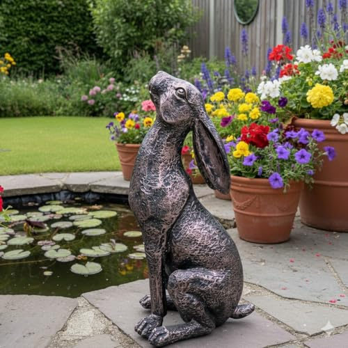 My Square Mile Garden Ornaments Bronze Effect Resin Hares Set, Indoor Outdoor Moongazing and Alert Rabbit Sculptures, W17 x H36 x D16 cm (Moongazing Hare)