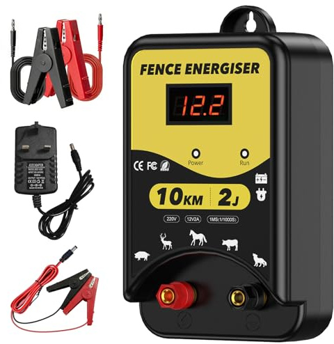 Electric Fence Energiser Kit 12V 2J- Connectors - 10Km Range, IPX5 Waterproof with LED Display, Weatherproof, Fencing Energizer for Horses, Pet and Animals