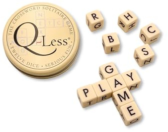 Q-Less The Original Crossword Solitaire Game - Genuine - Word Game, Puzzle, 12 Lettered Dice in a Sleek Tin, Portable, Educational Wordplay Fun, Travel