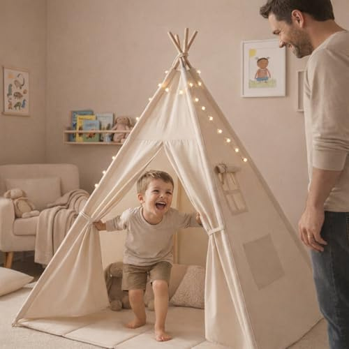 Babykare Tipi Enfant 120 x 120 x 150 cm - Tente de Jeu d'Intérieur pour Chambre Enfant - Cabane Fille et Garçon - avec Tapis de Sol et Guirlande - Cadeau Enfant de 2 à 10 Ans