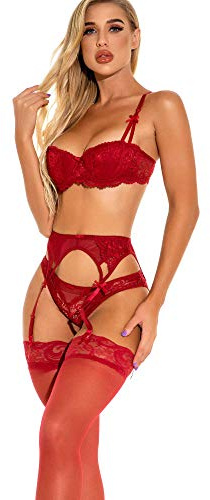 Bluewhalebaby Sexy Lingerie for Women Demis Push-up Lace Bras and Knicker Set with Suspender Garter Belt For Thigh High Stockings Red with garter belt 34D