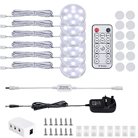 LABOREDUCER Under Cabinet Light Kitchen Kit,Dimmable Display Cabinet Lighting Cupboard Lights with Remote Control,6 Pack Puck Lights Under Cabinet Kitchen Lighting for Closet,Counter,Shelf,Wardrobe