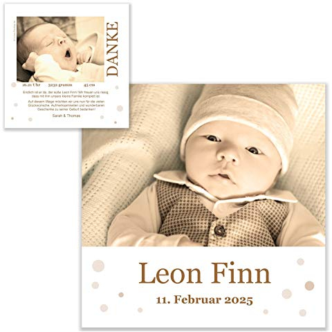 Unser-Festtag Im Pünktchenland Dankeskarte Geburt Baby Danke Karten schick ausgefallen, Mädchen Jungs, Foto und Wunschtext - 40 Karten