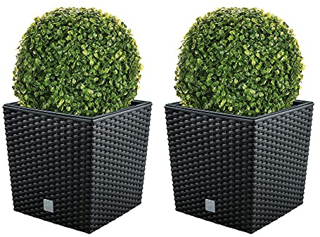 WellHome Lot de 2 Pots de Fleurs Rato 32 l avec Support pour Plantation Anthracite 32 x 32 x 32,5 cm + Boule de buis