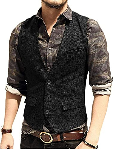 HSLS Chaleco de traje casual para hombre Chaleco sólido de tweed de lana de corte slim(L, Negro)