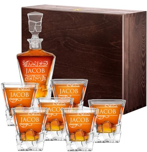 Maverton Personalised Whiskey Decanter and 6 Glasses for Man - Elegant Whisky Set for him - Ice Cubes Model - Stylish barware for Birthday - for Whisky connoisseurs - Ornament