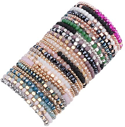 WAINIS 27-28Pcs Delicate Boho Beaded Bracelet Multi Layer Versatile Statement Bracelets Stackable stretch Cuff Sparkly Glass Crystal Beads bracelets