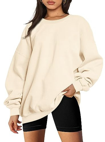 Timuspo Damen Longsleeve Oversize Rundhals-Sweatshirt Wollpullover Tops für Herbst Winter Sweatjacke Strickpullover, Aprikose, XXL