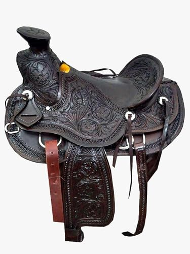 WeavingCraft Wade Tree Roping Western Saddle Set in Premium Quality Leather - Accessories Included |Antique Black: Hand-Carved Tooling- Seat-15''