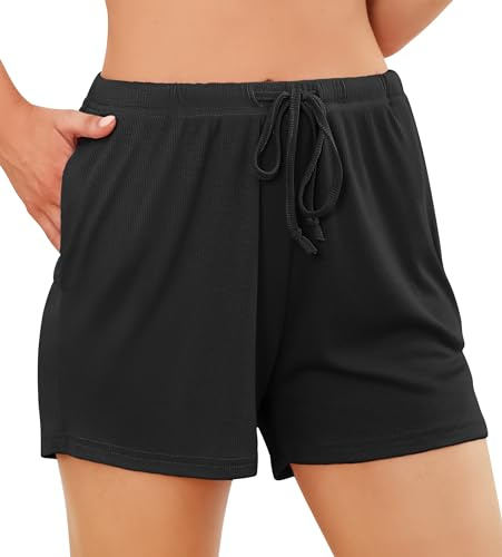 Wikoan Pantaloncini Donna, Cotone Morbido e Confortevole Estivi Pantaloni di Pigiama Donna Corti per Dormire con Tasche e Coulisse Nero,XL