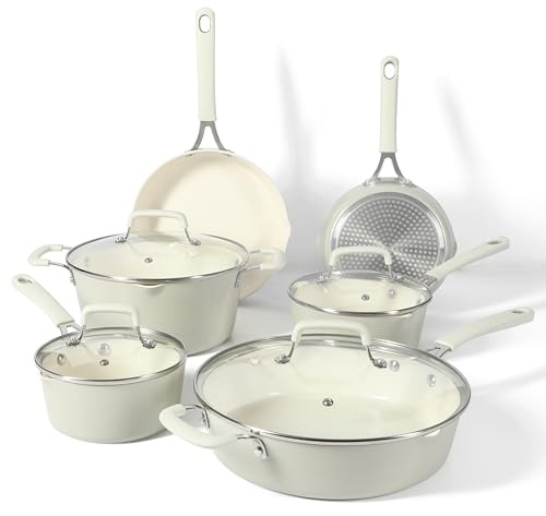 Martha Stewart Heathland Premium Nonstick PFA Free Ceramic Interior 10-Piece Tapered Aluminum Cookware Set - Linen White
