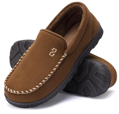 Zizor Men's Moccasin Slippers With Memory Foam, House Shoes for Indoor Outdoor (Camel, Size 11)