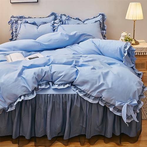 GETIYA Hellblau Unifarben Bettwäsche 135x200 Aesthetic Rüschen Bettbezug mit Schleife Weich Mikrofaser Bettwäsche Mädchen Damen Zweiteilig Bettbezug Blau Deckenbezug mit 1 Kissenbezug 80x80
