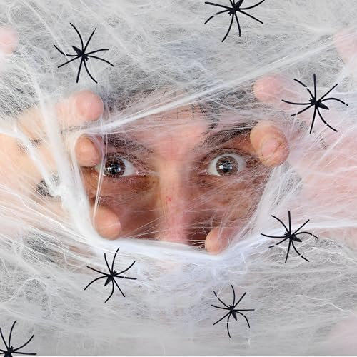TFSZE Halloween di Ragnatela,Decorazione Ragnatela,Halloween 200g Decorazione Ragnatela Bianca con 40 Ragni Finti,Ragnatele Estensibili,per Interni ed Esterni,Decorazioni Spaventose per Case Infestate