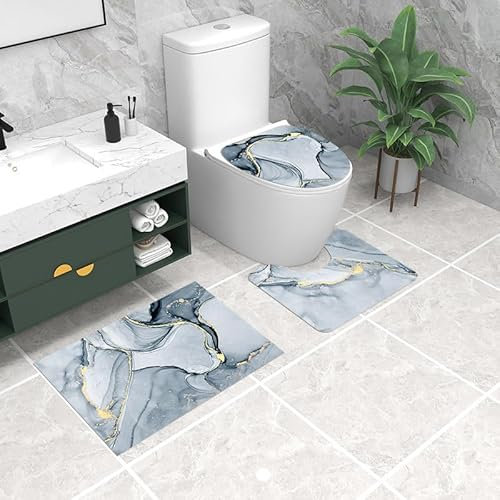Bad Teppiche Set 3-Teiliges Goldener Blauer Marmor WC Vorleger Mit Ausschnitt Badematte Saugfähig WC Deckelbezug Badvorleger rutschfest Waschbar Toilettensitzbezug Badgarnitur (50x80cm)