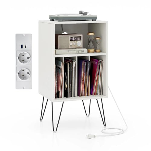 KOMFOTTEU Supporto per Giradischi in Vinile con Stazione di Ricarica, 5 Scomparti, Espositore per Dischi con Gambe in Metallo, Mobile Giradischi Capacità di Carico 50kg, 48 x 40 x 88 cm (Bianco)