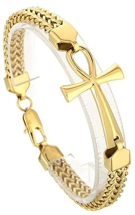 Ouruiba 22CM Bracelet Homme Croix de Vie Ankh Égyptien Acier Inoxydable Chaîne de Main Bijoux Or