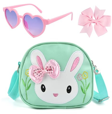 Borsetta per Bambini Set, Borsa Coniglio Bambina, Borsa a Tracolla Pasquale, Borsette Ragazza, Regali di Pasqua per Bambini con Occhiali Rosa e Fiocco per Capelli, Spallacci Regolabili (Verde)
