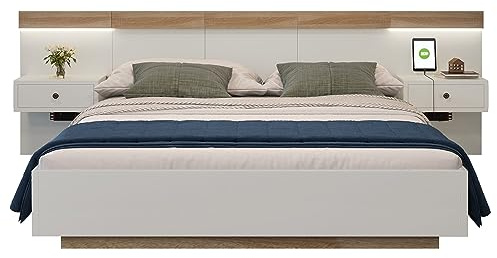 SogesPower Schwebebett Doppelbett Komplettset mit Luftzirkulations-Lattenrost – Lieferung in 3 Paketen (Rahmen + 2 Nachttische) – Rustikales Design in Eiche Sonoma/Weiß 180x200 cm