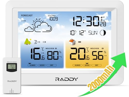 Raddy WM6 Weather Station Wireless Indoor Outdoor Thermometer Hygrometer Barometer w/Built-in 2000mAh Battery, Atomic Clock, Weather Forecast, with Remote Sensor for Home