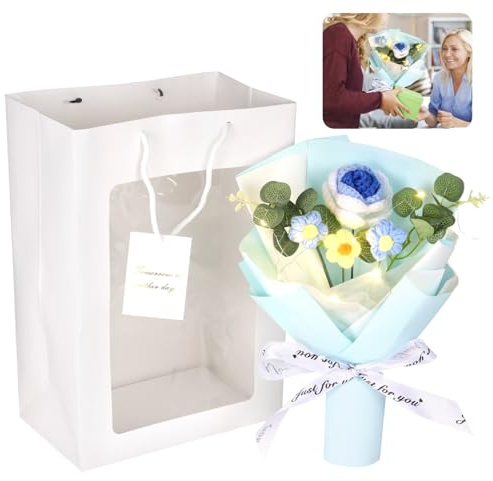 Ramo de flores de ganchillo de punto con luces LED, rosas sintéticas, flores abombadas para decoración del hogar y regalos