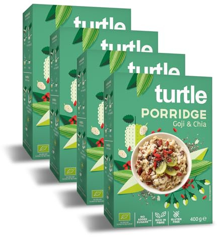 Turtle Cereal Better Breakfast – Goji & Chia Gluten Free Oats 400g (Pack of 4) | Gluten Free Porridge with Superfoods Goji Berries & Chia Seeds, Organic Oats, Vegan, No Added Sugar, High in Fibre