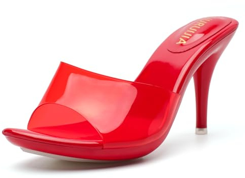 LIURUIJIA Womens Slip On Clear Heels Sexy Open Toe High Heeled Dressy Sandals Comfortable Strappy Mules All Red 8
