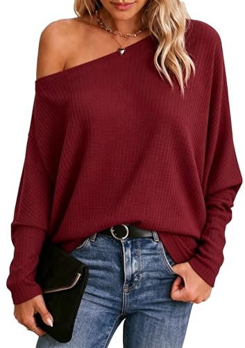 Dressmine Off The Shoulder Tops for Women Batwing Oversized t Shirts Sexy Long Sleeve Waffle Knit Spring Jumper Clothing