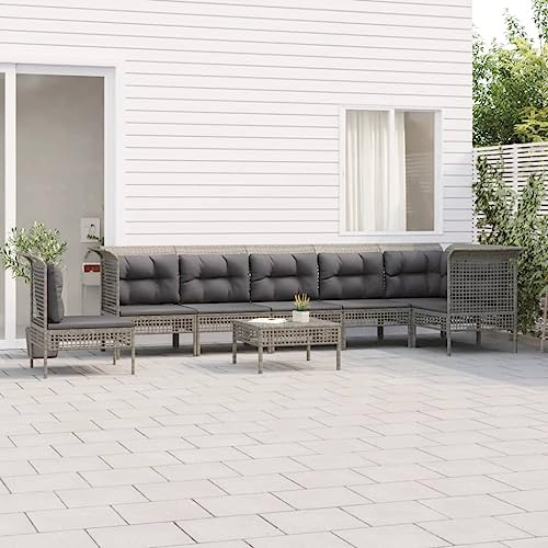 Salon de jardin 8 pièces en rotin synthétique gris avec coussins épais - Résistant aux intempéries - Pour terrasse, balcon, jardin - Groupe de sièges modulaires - 170-190 caractères