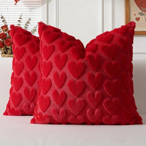 JOTOM Juego de 2 fundas de cojín para el día de San Valentín, 45 x 45 cm, diseño de corazón rojo, fundas de almohada decorativas de piel sintética suave para el hogar, cama, sofá (rojo)