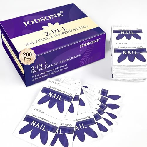 JODSONE Salviette Struccante per Unghie con Acetone, 200 Pezzi, 2-in-1 per Smalto Gel e Normale con Alcol, Confezione Singola in Pellicola, Portatile per Viaggio, Cura Unghie per Casa e Salone