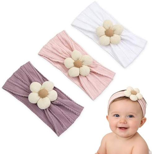 3 Fascia Capelli Neonata - Cerchietti con Fiori - Cerchietti in Nylon - Fasce Morbide per Capelli - Accessori per Neonati e Bambini Piccoli