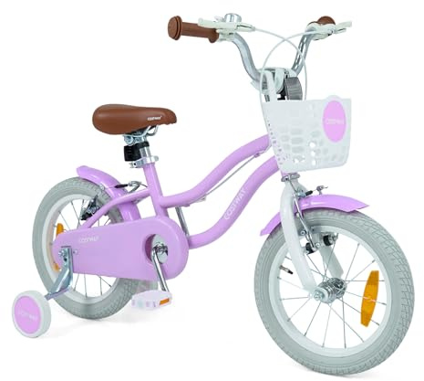 COSTWAY Barncykel med korg och klocka, 14/16 tums flickcykel med höjdjusterbar sadel och styre, cykel med dubbla bromsar, avtagbara stödhjul för 3–7 år flickor