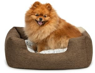 lionto Dog Basket with Fluffy Reversible Cushion, 60 x 50 cm, Brown