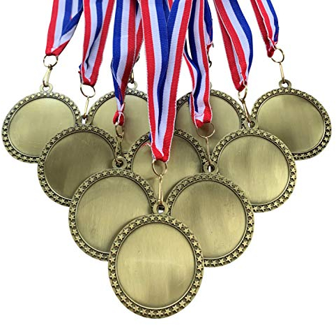 10 Pack of 2-1/2 inch Diameter Die-Cast Metal Antique Gold DIY Blank Insert Star Medals and Attached Red White and Blue Neck Ribbons.