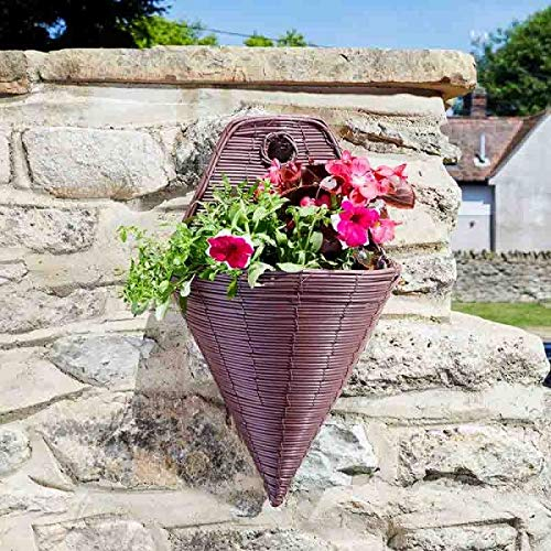 Garden Mile Garden Flower Basket 14'' Wall Mounted Cone Rattan Effect Plant Holder Outdoor Plant Pot Planter Wicker Flower Pot Basket Pre-Lined for Easy Planting