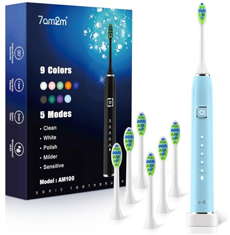 7AM2M Sonic Electric Toothbrush with 6 Brush Heads for Adults&Kids, One Charge for 120 Days, Wireless Fast Charge, 5 Modes, 40000VPM Powered Toothbrush, 2 Minutes Built in Smart Timer (Light Blue)