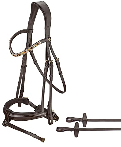 SUNRIDE schwedische Trense für Pferde (Aspen) - mit Zügeln - weiches Echtleder - extra Polsterung - anatomisch, verstellbar - Lack am Nasenriemen - handgefertigt - rostfrei - braun (Full)
