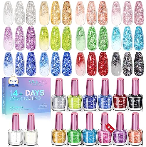 Saviland Glitzer Nagellack Set- 12 Glitzerfarbe Nagellack mit Top Base Coat Reflective Diamond Nail Gel Polish Schnelltrocknend Lang Snhaltende Holografische Glitter Glänzende Maniküre 10ml