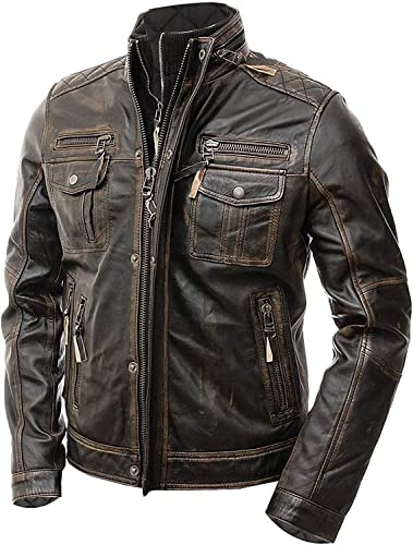 Suiting Style Giacca da motociclista da uomo, stile vintage, marrone, effetto invecchiato, cafe racer, multitasche, in vera pelle, slim fit, Marrone, XXL