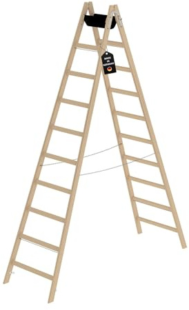 PROREGAL Sprossen-Stehleiter Holz mit Werkzeugablage | 2x10 Sprossen | Leiter, Teleskopleiter, Trittleiter, Bockleiter, Sprossen-Doppelleiter