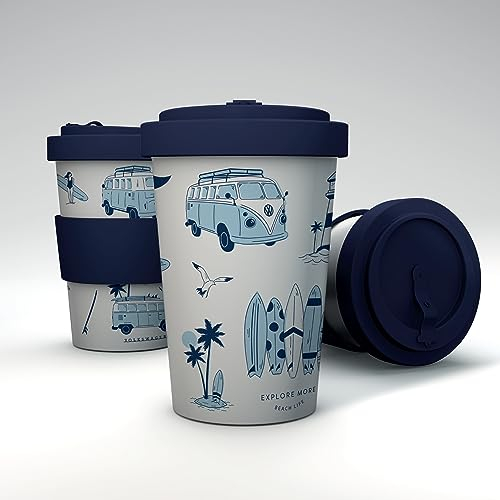 Puckator VW Volkswagen Camper Bus Explore More Reusable Travel Cup Mug 400ml Out of Recycled Plastic Bottles - Thermos Insulated Travel Coffee Mug - Tumbler Coffee Cup with Lid Leakproof Drink Flask